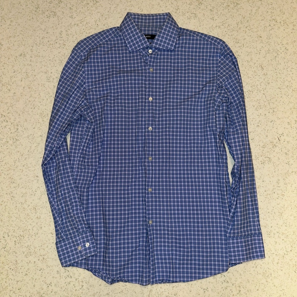 Boss Men's Blue Plaid Button-Down Shirt men’s size large